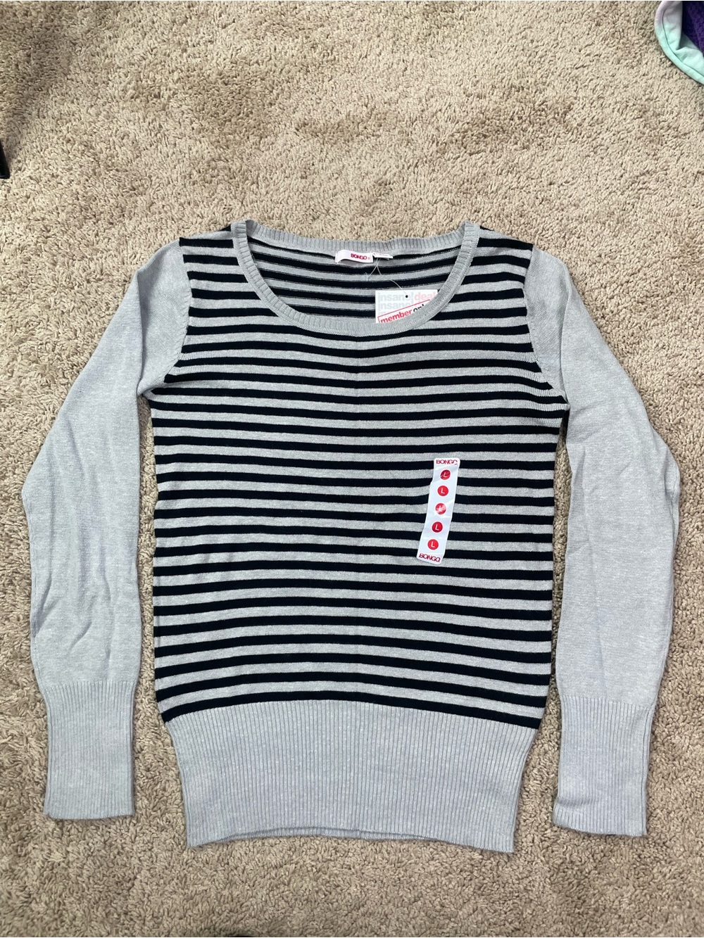 BONGO Black and Light Gray Striped Crew Neck Sweater